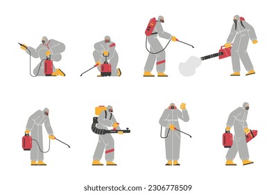 Set of pest control specialists flat style, vector illustration isolated on white background. Characters in gray protective suits with poisonous containers, extermination of parasites