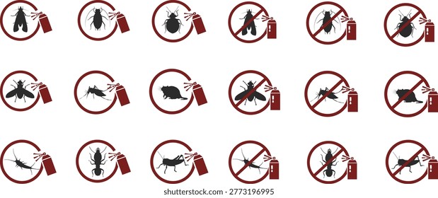 Set of pest control spray icons with insects and rodents including carpet moth, rat, fly, aphids, silverfish, grasshopper, bed bugs, termites and mosquito. Suitable for hygiene, extermination, healthcare, UI and educational design.