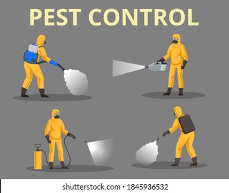 Conjunto de trabajadores de control de plagas. Personas con trajes protectores y respiradores con pulverizadores y generadores de vapor para matar insectos.