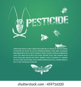 Set of pest insects and template bodycopy vector  illustration. Design element, icons of agriculture and garden pest bugs, fly, colorado beetle, locust, moths. Pesticide stamp sign