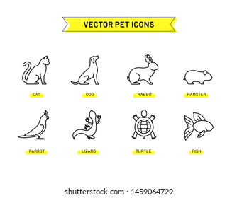 Set of pet and animal flat line icons for web, pet store, veterinary clinic. Contains such icons as cat, dog, rabbit, parrot and more. - Vector illustration