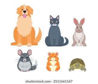 Set of pet animals. Dog, cat, rabbit, chinchilla, hamster and turtle. Home domestic animals. Vector icons illustration isolated on white background.