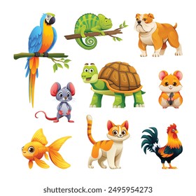 Set of pet animals including chameleon, hamster, goldfish, and cat. Vector cartoon illustration