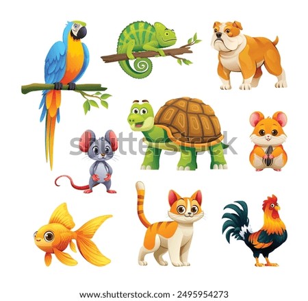 Set of pet animals including chameleon, hamster, goldfish, and cat. Vector cartoon illustration