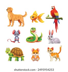 Set of pet animals including dog, rabbit, hamster, and cat. Vector cartoon illustration