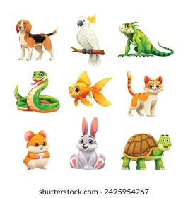 Set of pet animals including dog, iguana, hamster, and rabbit. Vector cartoon illustration