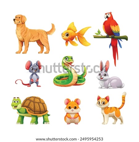 Set of pet animals including dog, rabbit, hamster, and cat. Vector cartoon illustration