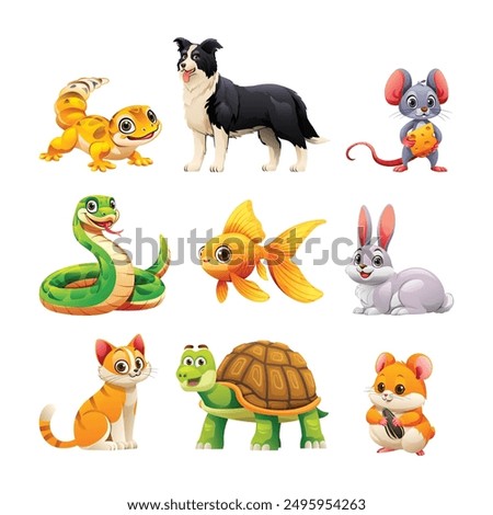 Set of pet animals including gecko, dog, rabbit, and cat. Vector cartoon illustration
