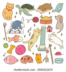 Set of Pet Animals Kawaii Doodle Set Vector Illustration