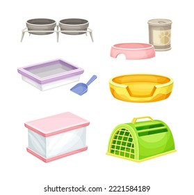 Set of pet animals supplies. Food and accessories for cats and dogs care vector illustration