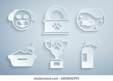 Set Pet award, Aquarium with fish, Cat litter tray shovel, shampoo, Canned food and Dog icon. Vector