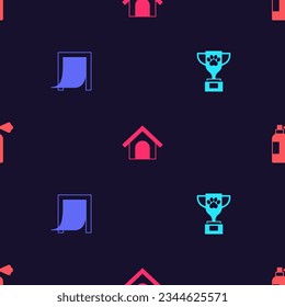 Set Pet award, Door for pet, Dog house and shampoo on seamless pattern. Vector