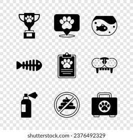 Set Pet award, Location veterinary hospital, Aquarium with fish, shampoo, No shit, first aid kit, Fish skeleton and Clinical record pet icon. Vector