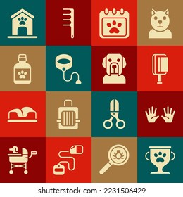 Set Pet award, Medical rubber gloves, Hair brush for dog and cat, Calendar grooming, Retractable cord leash, Dog medicine bottle, house paw print and  icon. Vector