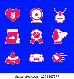 Set Pet award symbol, food bowl for cat or dog, toys ball, Dog, Food fish, Collar with name tag and Heart icon. Vector