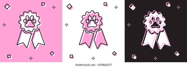 Set Pet award symbol icon isolated on pink and white, black background. Badge with dog or cat paw print and ribbons. Medal for animal.  Vector Illustration