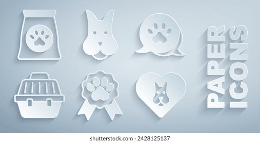 Conjunto de símbolo de premio de mascota, impresión de pata, maleta de transporte, corazón con perro, perro y bolsa de alimentos para el icono de mascota. Vector