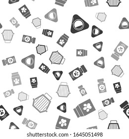 Set Pet bed, Bag of food for pet, Dog medicine bottle and pills and Pet carry case on seamless pattern. Vector