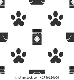 Set Pet bed, Dog medicine bottle and pills and Paw print on seamless pattern. Vector