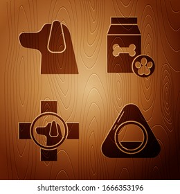 Set Pet bed, Dog, Veterinary clinic symbol and Bag of food for pet on wooden background. Vector