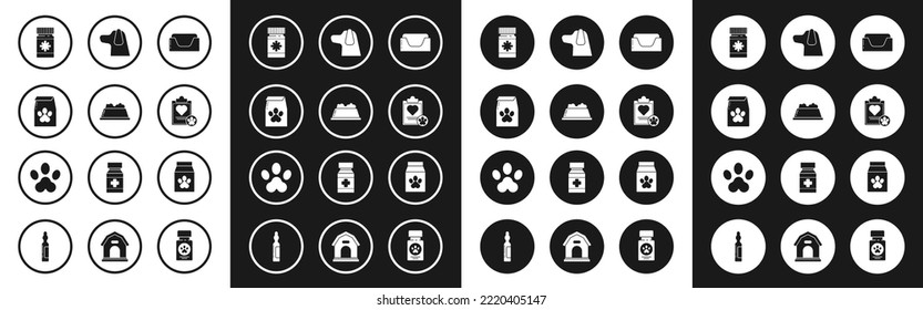 Set Pet bed, food bowl, Bag of for pet, Dog medicine bottle and pills, Clipboard with medical clinical record,  and Paw print icon. Vector