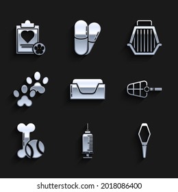 Set Pet bed, Syringe with pet vaccine, Pets vial medical, Dog muzzle, toys bone rubber and ball, Paw print, carry case and Clipboard clinical record icon. Vector