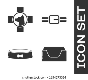 Set Pet bed, Veterinary clinic symbol, Pet food bowl and Collar with name tag icon. Vector
