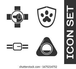 Set Pet bed, Veterinary clinic symbol, Collar with name tag and Animal health insurance icon. Vector