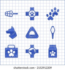 Set Pet bed, Veterinary clinic symbol, Bag of food for pet, Pets vial medical, first aid kit, Cat, Paw print and Dog muzzle icon. Vector