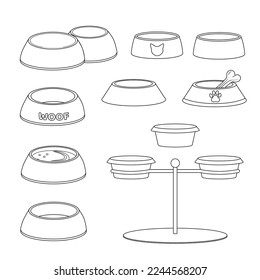Set of pet bowls. Black and white bowls for cat or dog. Isolated vector illustration eps