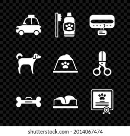 Set Pet car taxi, Dental hygiene for pets, Collar with name tag, Dog bone, bed, Certificate dog cat,  and food bowl icon. Vector