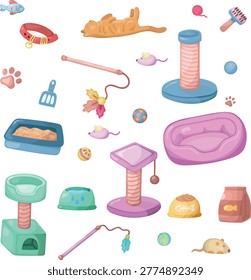 A set of pet care essentials featuring a collection of dog and cat accessories, grooming tools, food bags, toys, a scratching post, bowls, and veterinary supplies