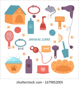 A set of pet care items. Vector illustration.