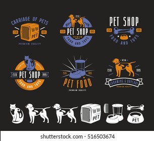 Set of pet care labels, badges and design elements. Color print on black background