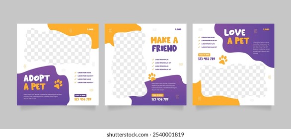 Conjunto de modelo de pacote de mídia social de banner de promoção de pet care. Modelo de postagem de mídia social para adoção de animais de estimação. Modelo de carrossel de mídia social de loja de animais.