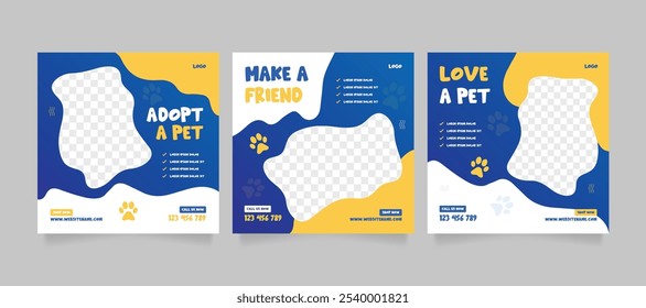 Conjunto de modelo de pacote de mídia social de banner de promoção de pet care. Modelo de postagem de mídia social para adoção de animais de estimação. Modelo de carrossel de mídia social de loja de animais.