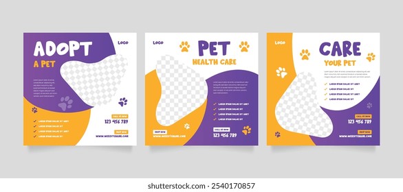 Conjunto de modelo de pacote de mídia social de banner de promoção de pet care. Modelo de postagem de mídia social para adoção de animais de estimação. Modelo de carrossel de mídia social de loja de animais.