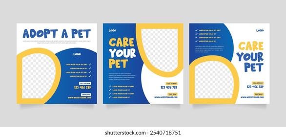 Conjunto de modelo de pacote de mídia social de banner de promoção de pet care. Modelo de postagem de mídia social para adoção de animais de estimação. Modelo de carrossel de mídia social de loja de animais.