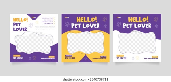 Conjunto de modelo de pacote de mídia social de banner de promoção de pet care. Modelo de postagem de mídia social para adoção de animais de estimação. Modelo de carrossel de mídia social de loja de animais.