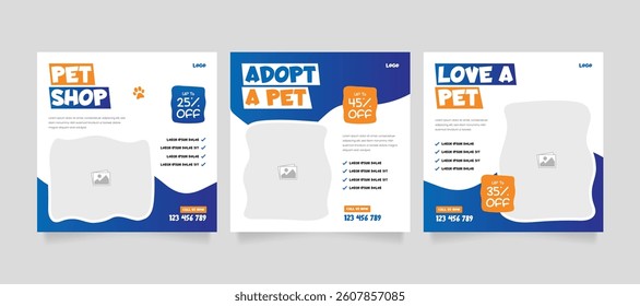 Set of pet care promotion banner social media pack template. Pet adoption social media post template. Pet shop social media carousel template. 