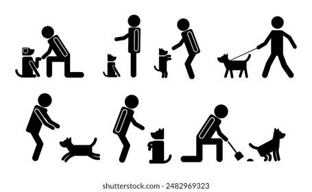 Conjunto de símbolos de cuidado de mascotas en estilo de dibujos animados. Ilustración vectorial de iconos gráficos de una persona que cuida a un perro: da una pata, se entrena, da un comando, camina, juega, limpia aislado sobre un fondo blanco.