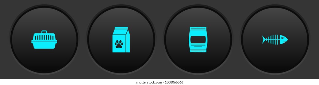 Set Pet carry case, Bag of food for pet, and Fish skeleton icon. Vector.