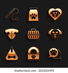 Set Pet carry case, Canned food, Paw print, Dog, collar, Cat nose, Heart with dog and cat toy icon. Vector