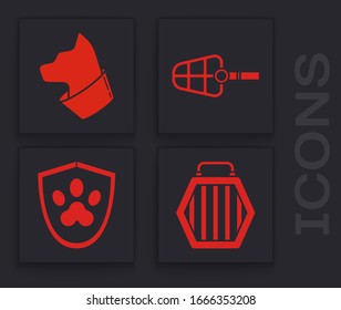 Juego de maletas para animales domésticos, icono de gatos, boquilla para perros y seguro de salud animal. Vector