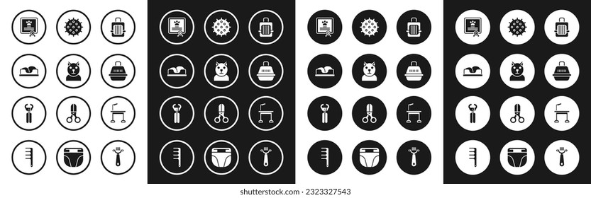 Set Pet carry case, Cat, bed, Certificate for dog or cat, Tennis ball, grooming table and nail clippers icon. Vector