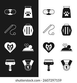 Set Pet carry case, cat toy, Cat nose, Bag of food for pet, Heart with, Clockwork mouse, Dog award symbol and Hair brush dog and icon. Vector