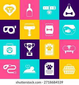 Conjunto de estuche para transportar mascotas, diente de gato, acuario con peces, etiqueta con el nombre del collar, cepillo de pelo para perro y gato, correa de cordón retráctil, corazón y bolsa de comida icono de mascota. Vector