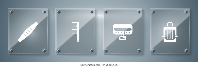 Set Pet Tragetasche, Halsband mit Namensschild, Haarbürste für Hund und Katze und Nagelfeile Haustier. Quadratische Glasscheiben. Vektorgrafik