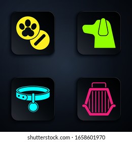 Set Pet carry case, Dog and pills, Collar with name tag and Dog. Black square button. Vector