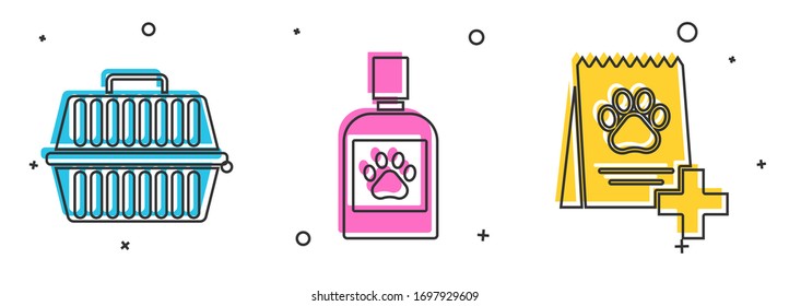 Set Pet carry case, Dog medicine bottle and Bag of food for dog icon. Vector